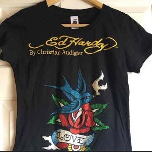 Vintage Ed Hardy Christian Audigier Love Jeweled Graphic T Shirt Black S